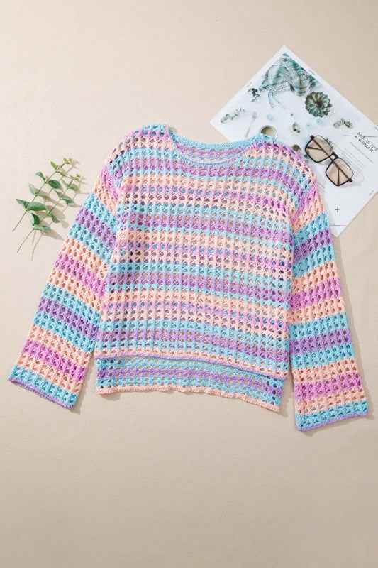 Stripe Open-Knit Beach Cover-Up Sweater